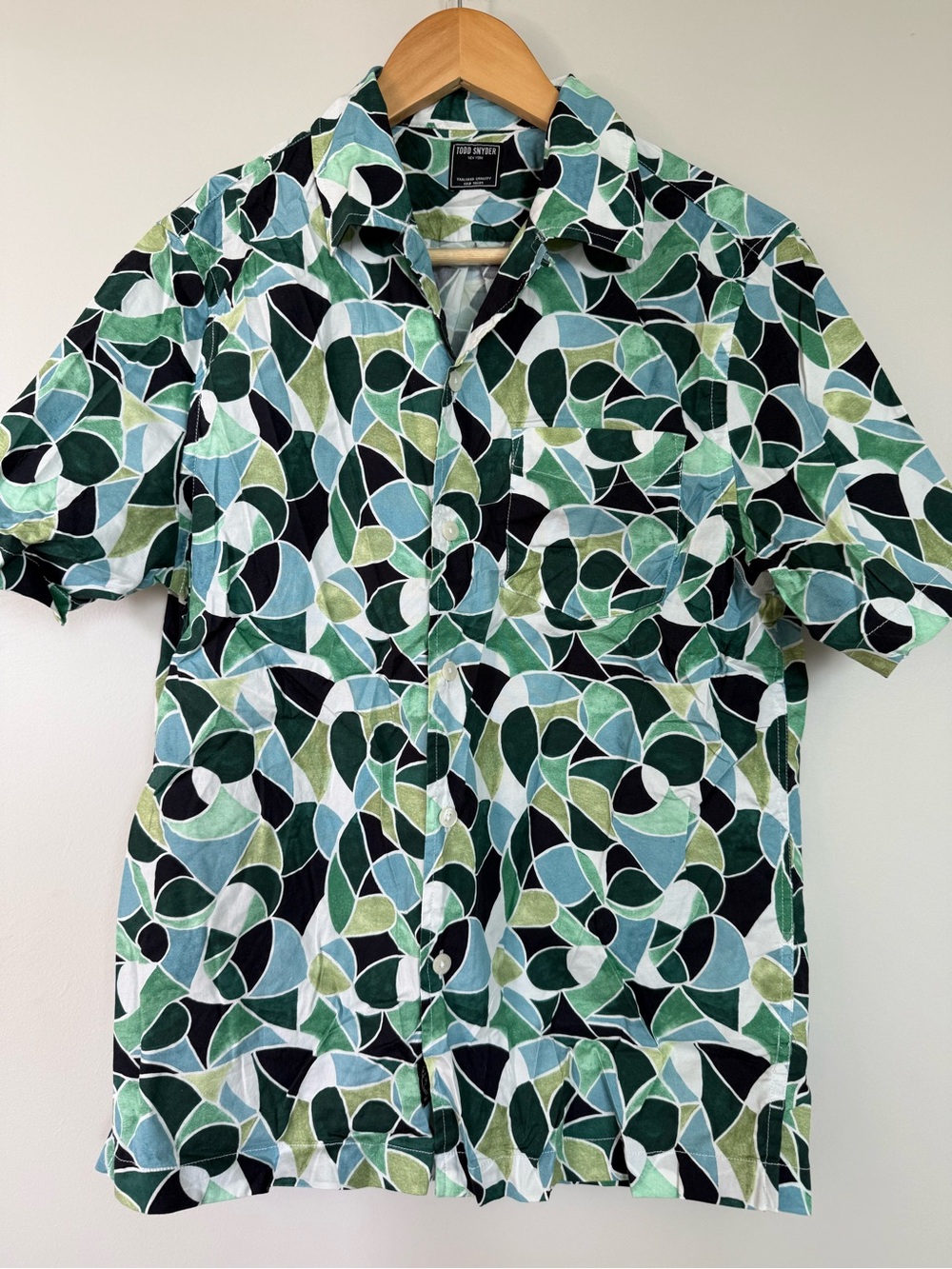 Todd Snyder Short Sleeve Button-Down in Green and Blue Abstract Print